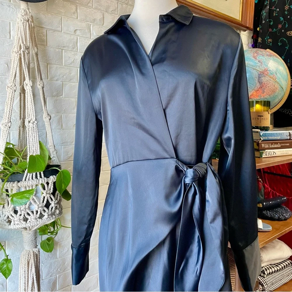 SOLD House of Harlow 1960 x Revolve Navy Satin Long Sleeve Mini Wrap Dress - Picture 5 of 14